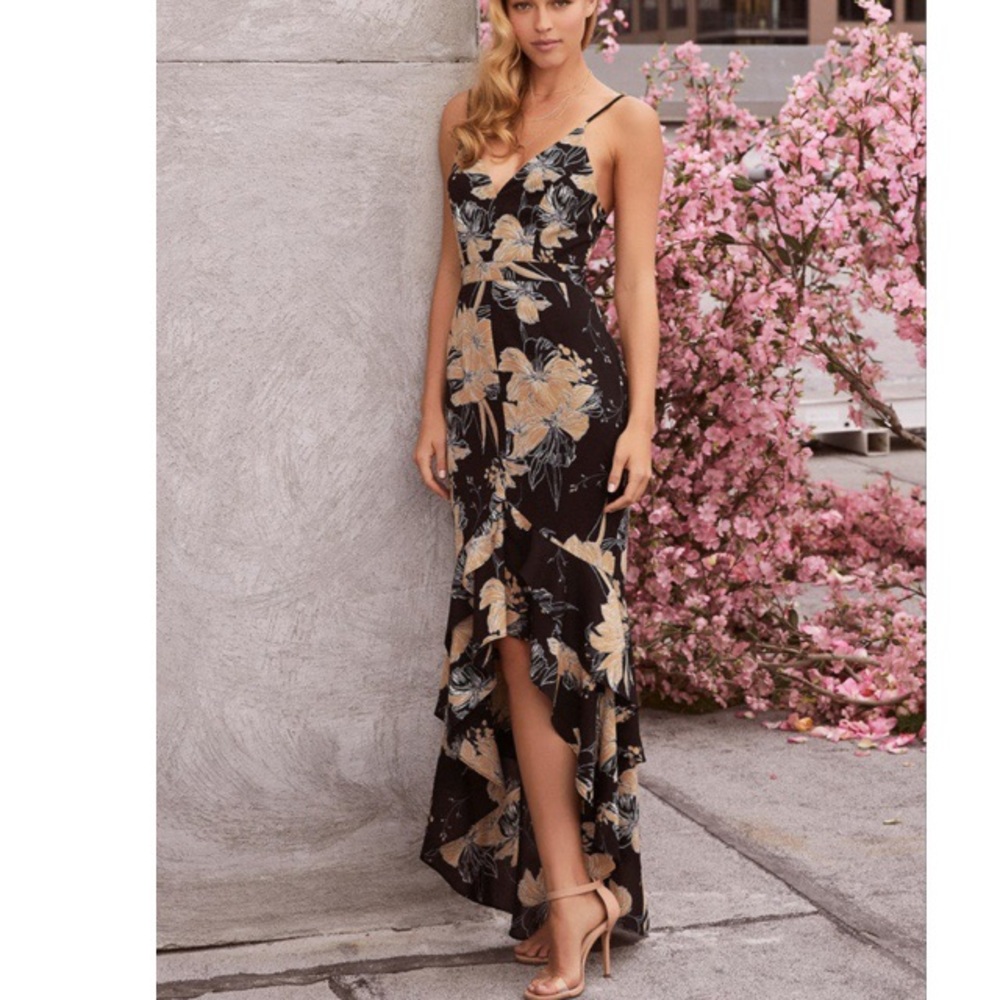 Lulus Darling Daylily Black Floral Print High-Low Maxi Dress M